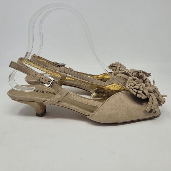 Prada Sandals IT36 US6 Tan Brown Suede Kitten Tassels Peep Toe Slingback Dainty - Picture 2 of 13